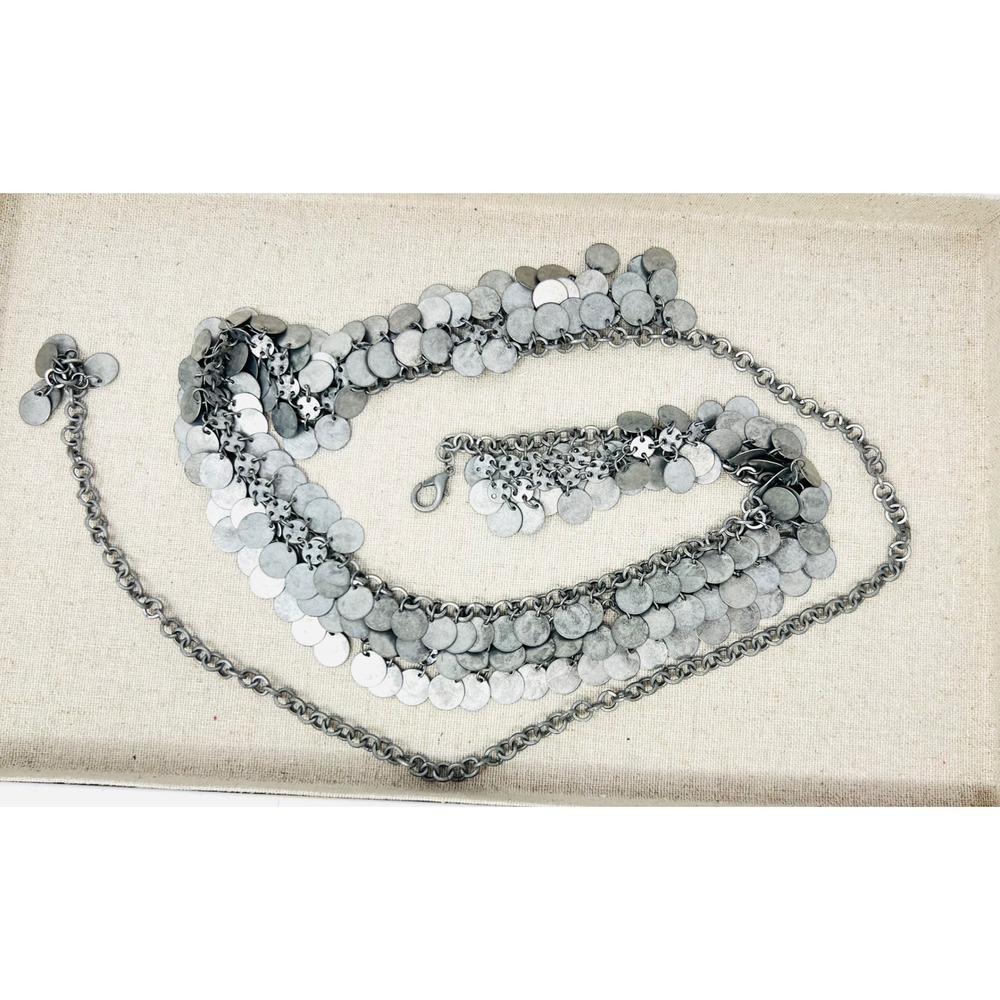 Boho Burnished Silver Tone Coin Disc Layered Chain Belt Adjustable Lobster Clasp